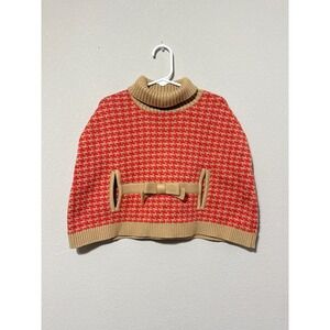 Janie & Jack Coral/Tan Houndstooth Knitted Cape/Poncho Bow Preppy Posh 18-24M